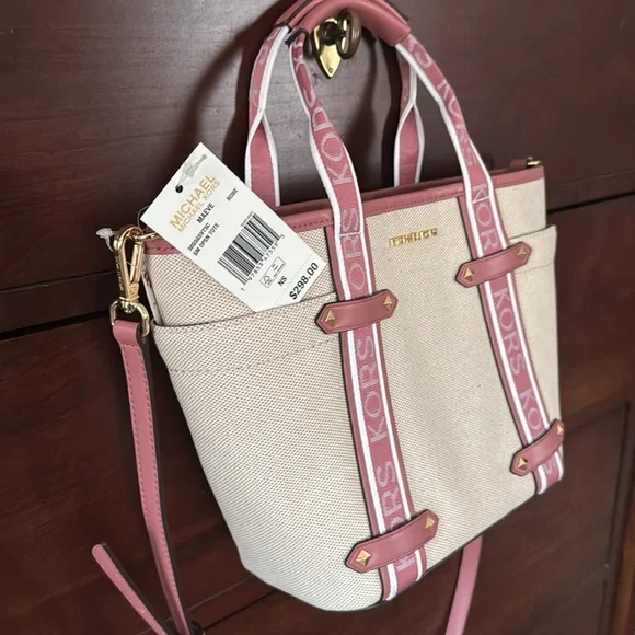 MICHAEL KORS Maeve Small Canvas Open Tote Rose Leather NWT $298 - Picture 3 of 14